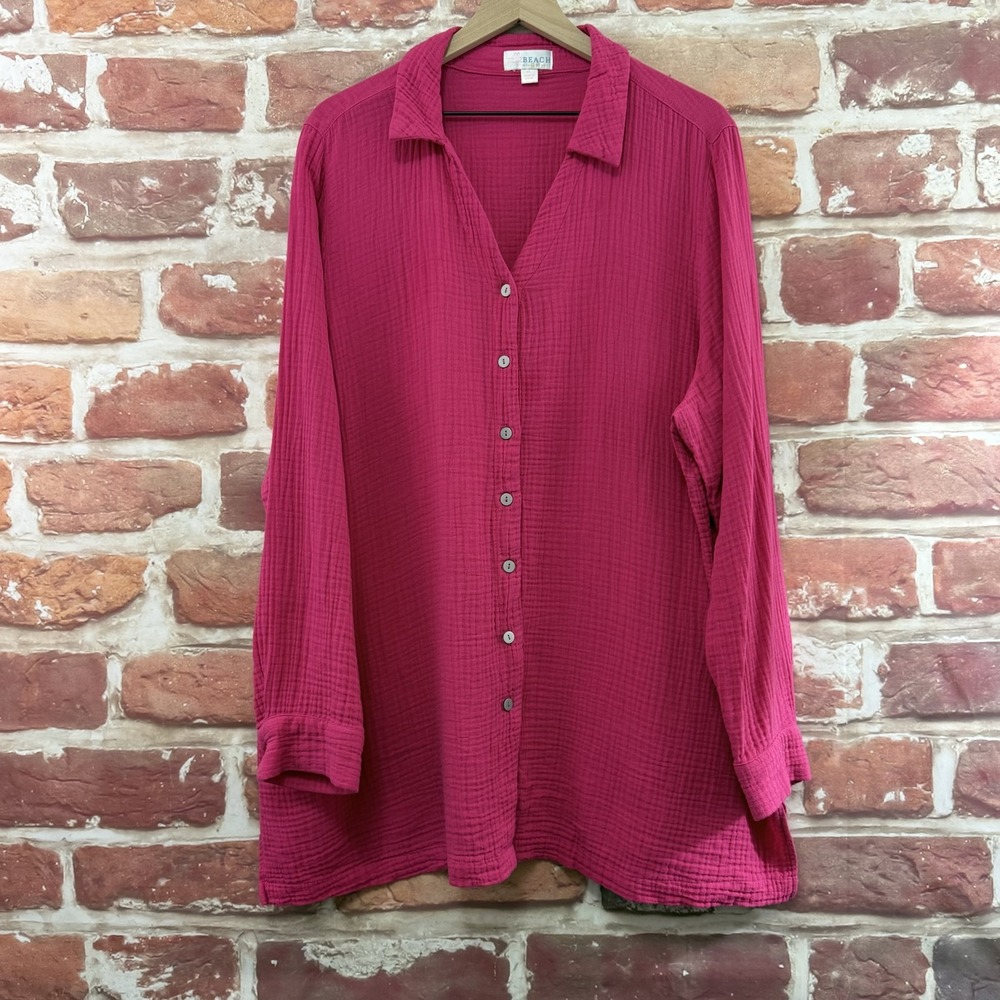 Belle Beach Kim Gravel Top Women's XL Pink Gauzy Beachy Button Up Tunic Shirt
